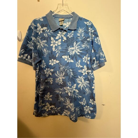 LL Bean OATP2 Floral Mens Polo Large Tall Blue White - Picture 1 of 3